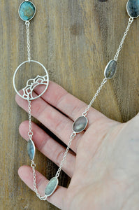 Oval mandala labradorite chain silver necklace