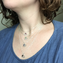 Aquamarine March Birthstone sterling silver tiny charm necklace with Lotus petal.