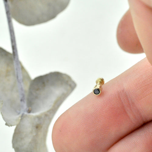 SINGLE Black Diamond 2mm 14ct yellow gold tiny press back earring.