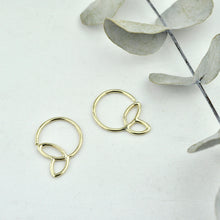 Tiny leaf sleeper hoops 9ct yellow gold, pair.