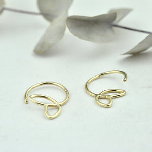 Tiny leaf sleeper hoops 9ct yellow gold, pair.