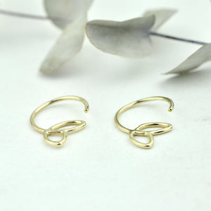 Tiny leaf sleeper hoops 9ct yellow gold, pair.