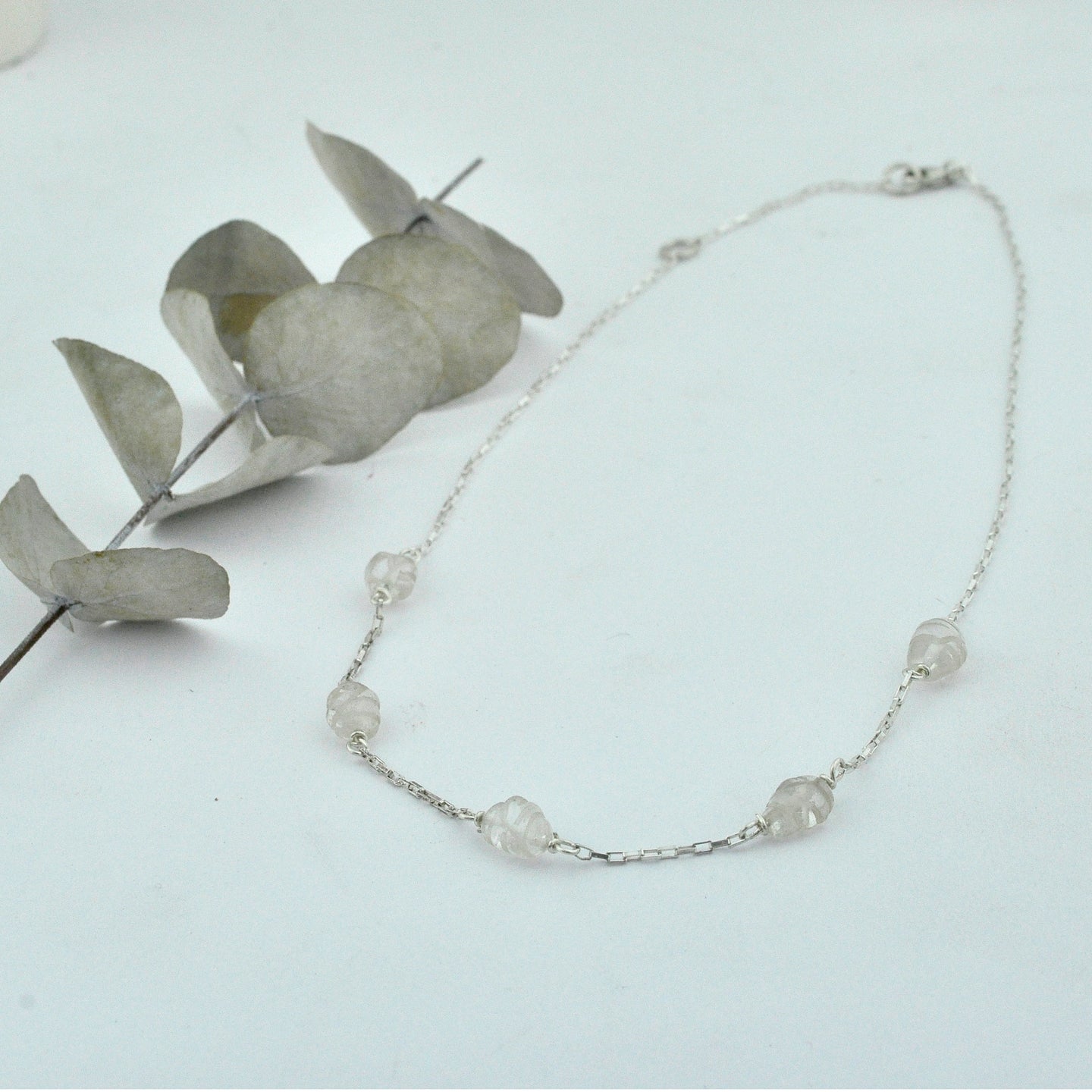 Silver Linings carved Aquamarine bead silver necklace