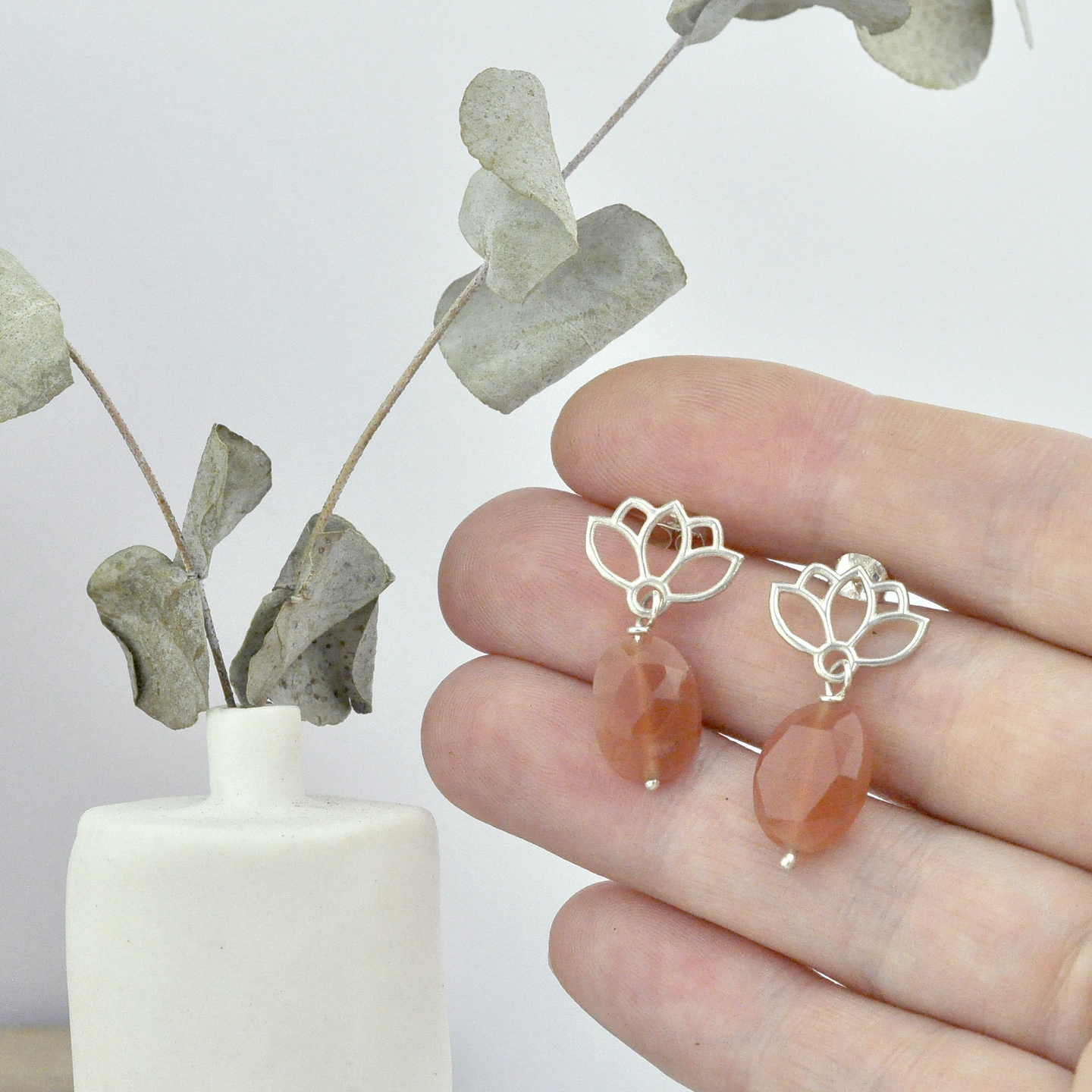 Lotus drop Peach Moonstone Silver studs