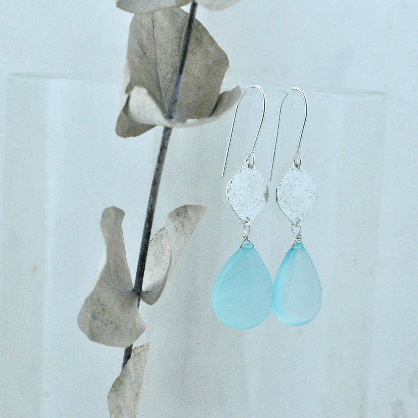 Aqua Chalcedony textured silver drop earrings