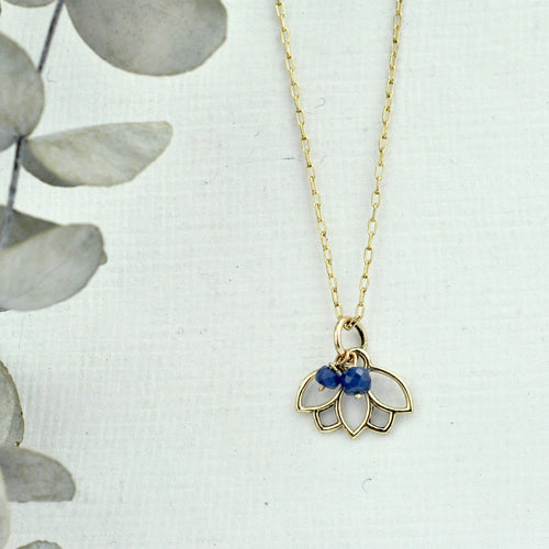 9ct Yellow Gold Sapphire Minimal Lotus necklace.