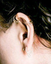 Tiny leaf sleeper hoops 9ct yellow gold, pair.