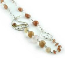 Paisley peach moonstone beads silver necklace.