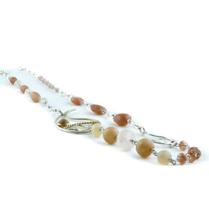 Paisley peach moonstone beads silver necklace.