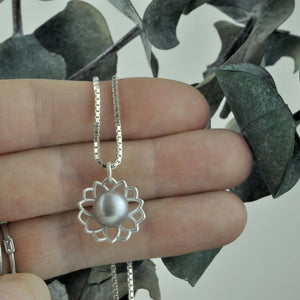 Lotus flower Grey pearl silver necklace, June birthstone