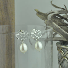 9ct Rose Gold Pearl Lotus drop earrings.