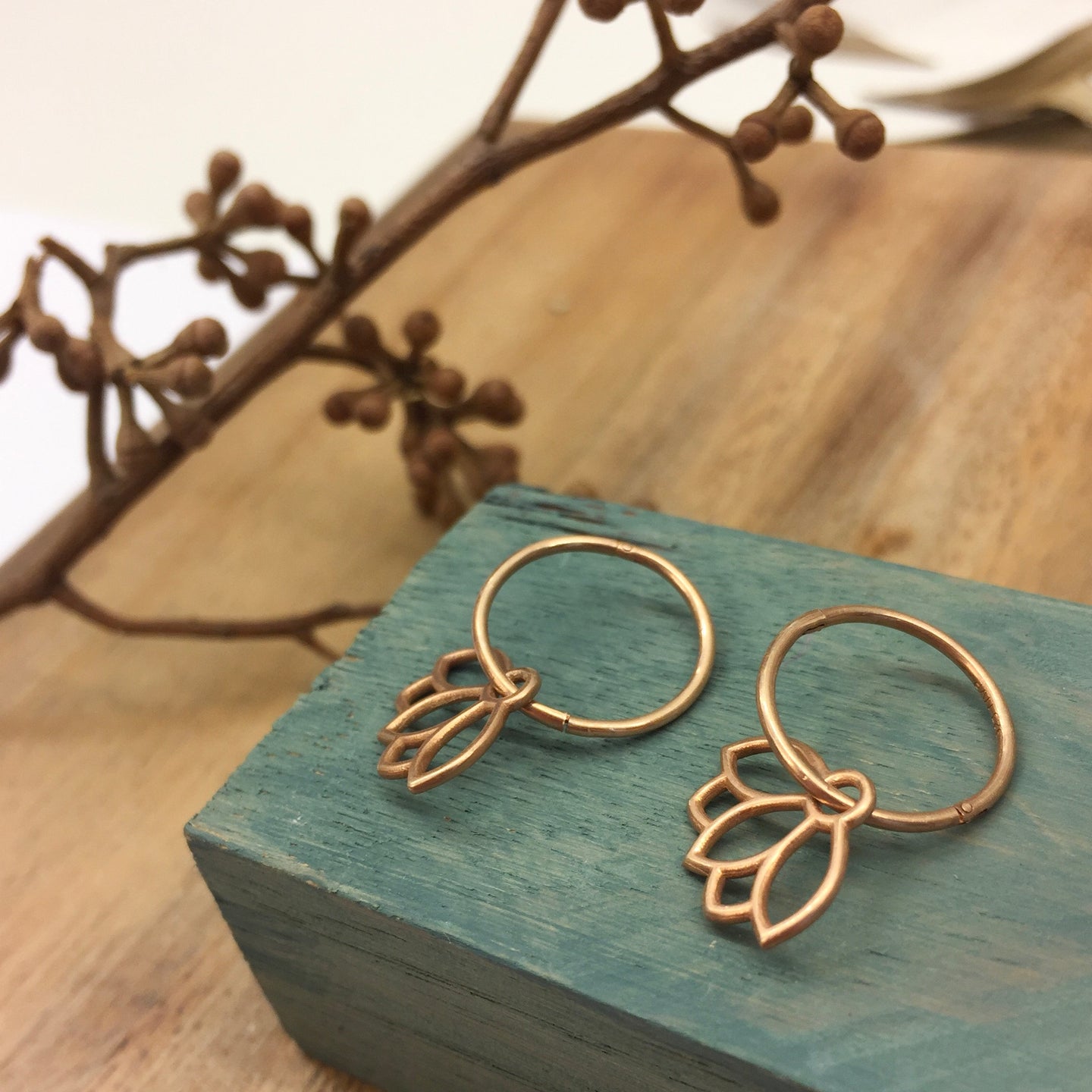 9ct Rose gold Lotus charm hoops