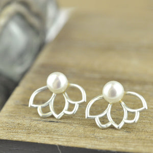 White pearl silver Lotus studs