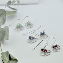 Emerald hoops silver lotus earring, May birthstone.