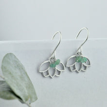 Emerald bead silver lotus earring, May birthstone.