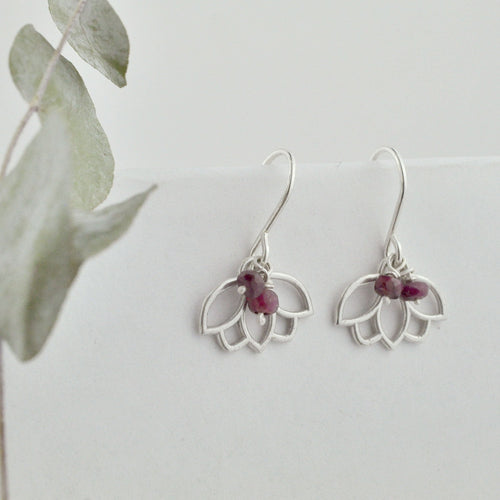 Ruby Bead Silver Lotus Earring, July birthstone.