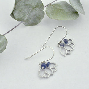 Blue Sapphire bead silver lotus earring, September birthstone.