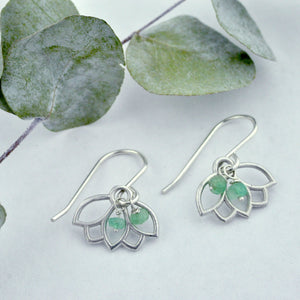 Emerald bead silver lotus earring, May birthstone.