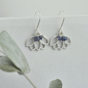 Blue Sapphire bead silver lotus earring, September birthstone.