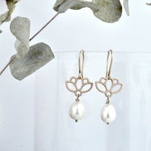 9ct Rose Gold Pearl Lotus drop earrings.