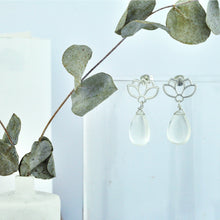 Moonstone earring, sterling silver lotus drop studs.