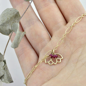 9ct Yellow Gold Ruby Lotus Charm Bracelet