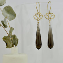 9ct Yellow Gold Smokey Quartz earrings, Lotus drop.