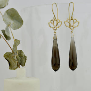 9ct Yellow Gold Smokey Quartz earrings, Lotus drop.
