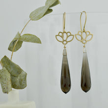 9ct Yellow Gold Smokey Quartz earrings, Lotus drop.