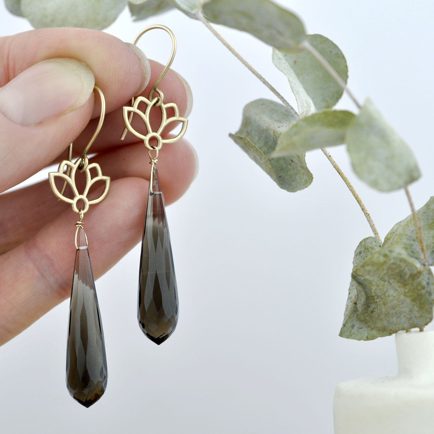 9ct Yellow Gold Smokey Quartz earrings, Lotus drop.
