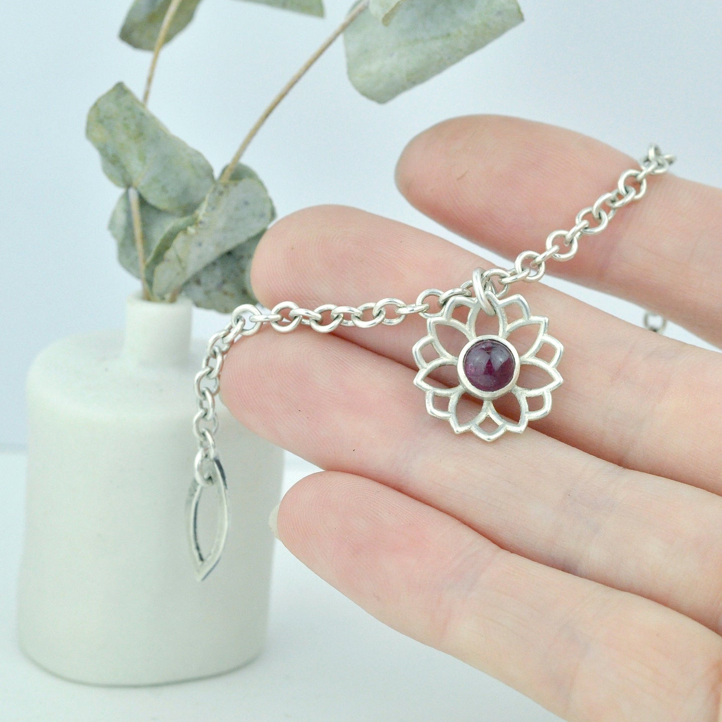 Pink tourmaline Silver Mandala Bracelet