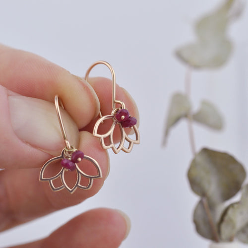 9ct Rose Gold Ruby Lotus hook Earring.