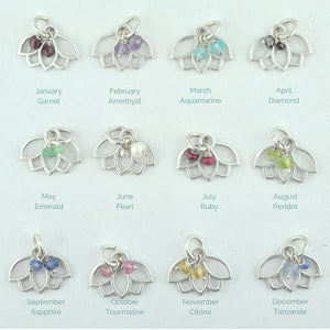 Aquamarine March Birthstone sterling silver tiny charm necklace with Lotus petal.