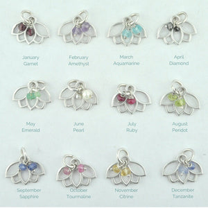 Sterling silver bracelet with Lotus petal charm, optional birthstone beads.