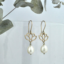 9ct Rose Gold Pearl Lotus drop earrings.