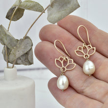 9ct Rose Gold Pearl Lotus drop earrings.