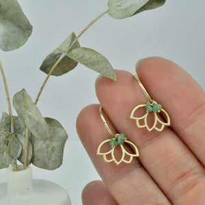 9ct gold Lotus hoops with Emerald, all birthstones available.