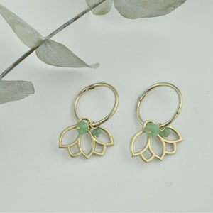 9ct gold Lotus hoops with Emerald, all birthstones available.