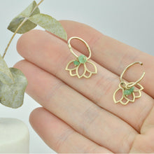 9ct gold Lotus hoops with Emerald, all birthstones available.