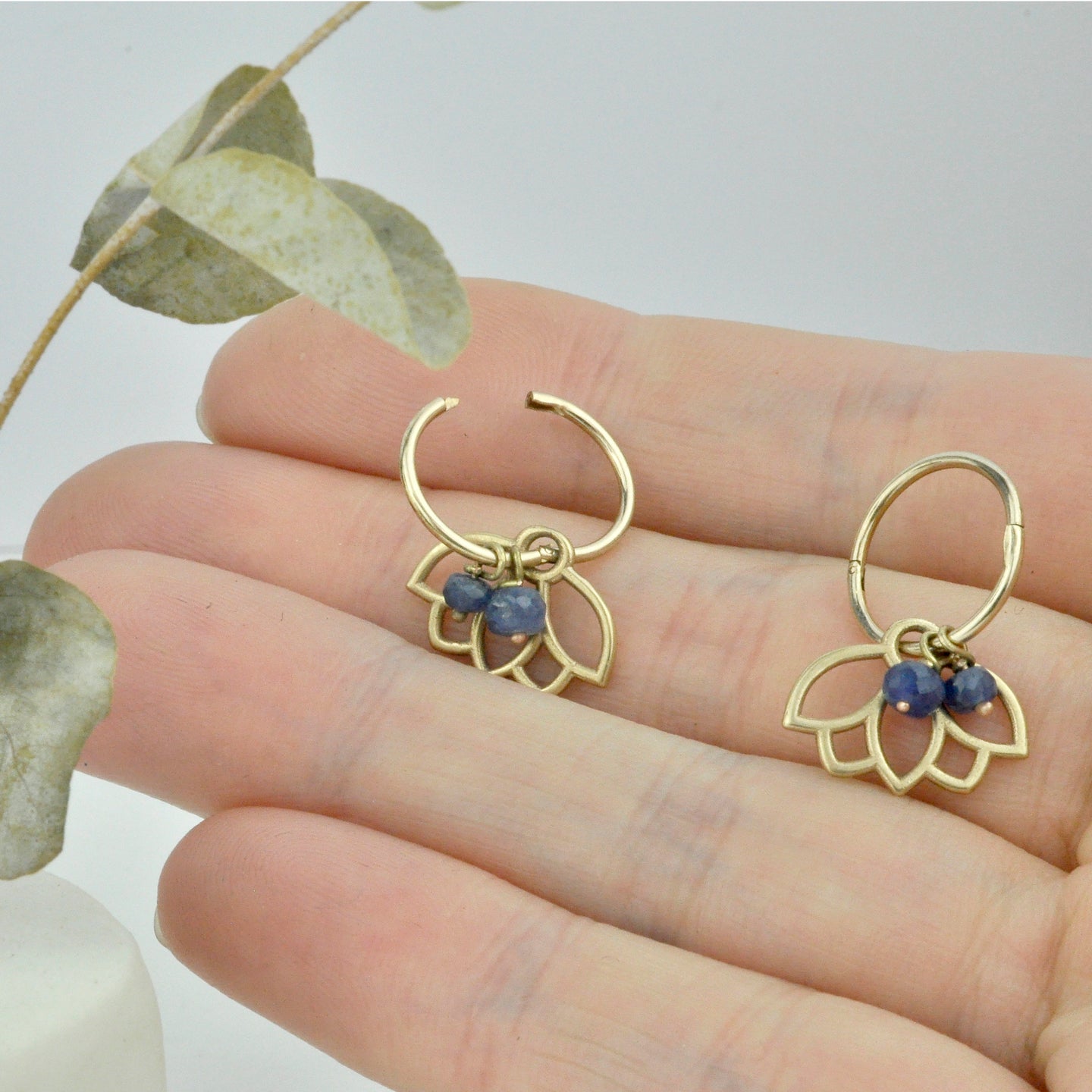 Blue Sapphire 9ct gold Lotus hoops.