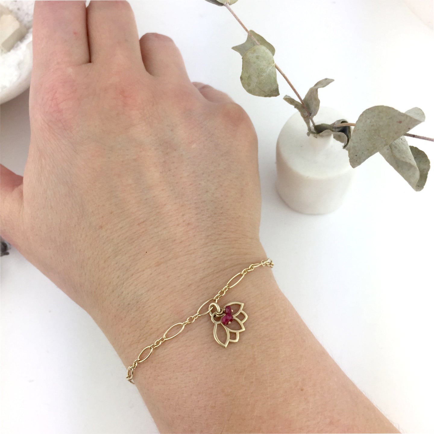 9ct Yellow Gold Ruby Lotus Charm Bracelet
