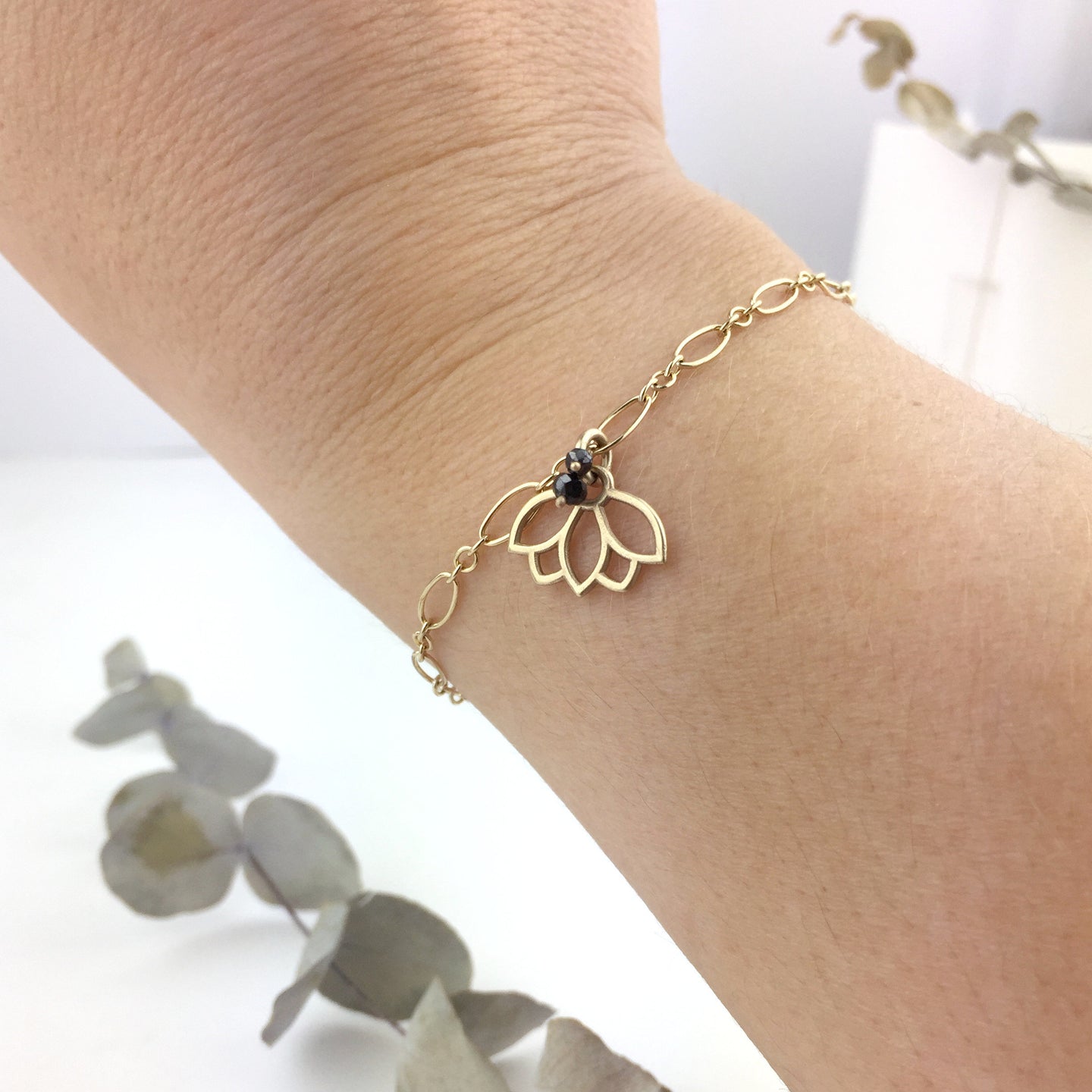 9ct Yellow Gold Black Diamond Lotus charm Bracelet