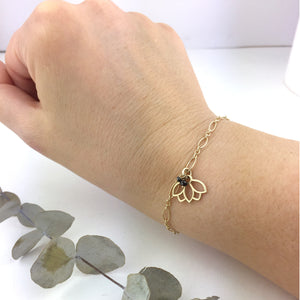 9ct Yellow Gold Black Diamond Lotus charm Bracelet
