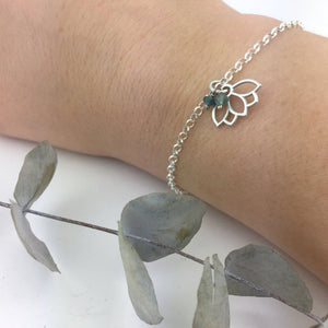 Tourmaline or Opal October Birthstone sterling silver bracelet with Lotus petal charm.