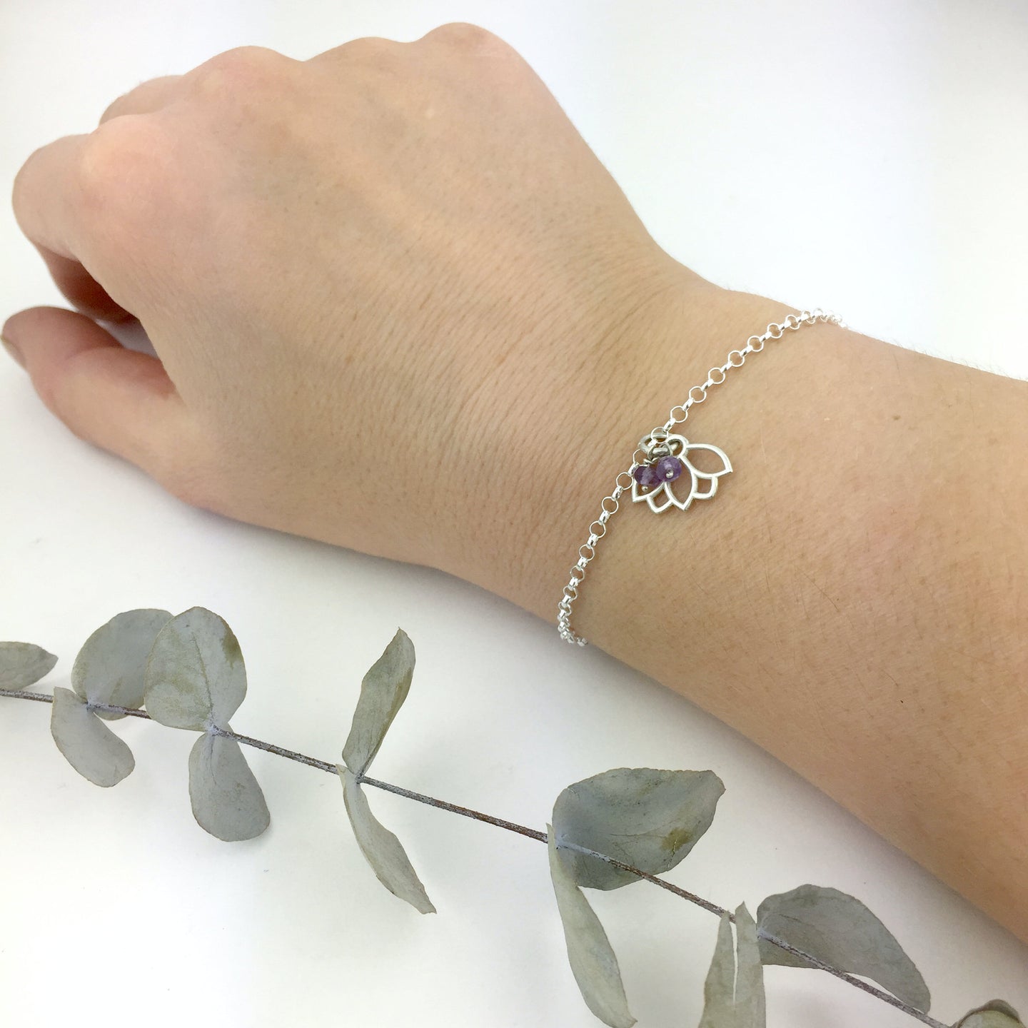 Amethyst February Birthstone Lotus charm Sterling Silver Bracelet
