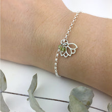 Black Spinel August Birthstone sterling silver bracelet with Lotus petal charm.