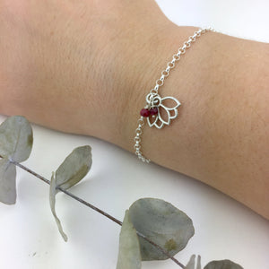 Ruby July Birthstone Silver Lotus Charm Bracelet
