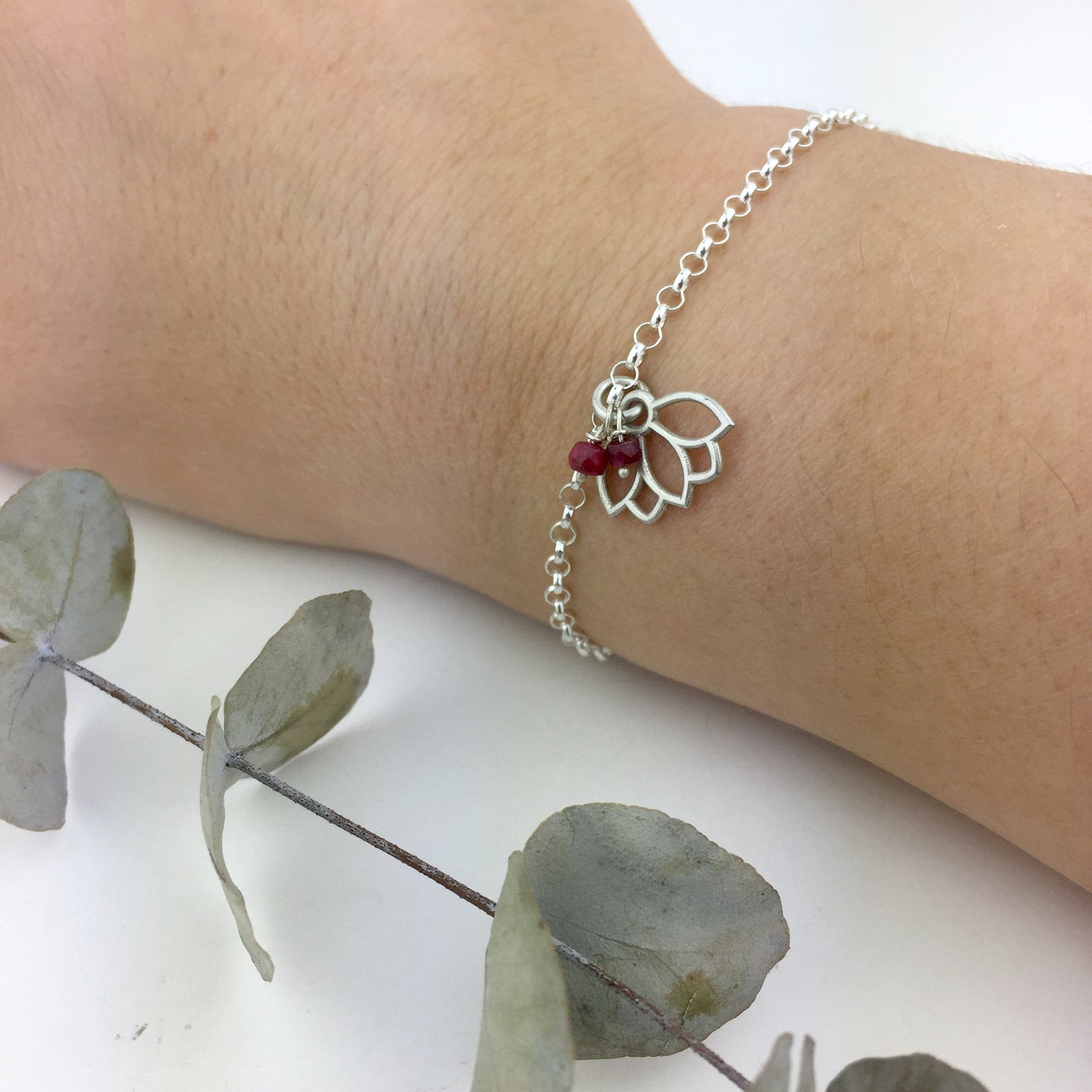 Ruby July Birthstone Silver Lotus Charm Bracelet