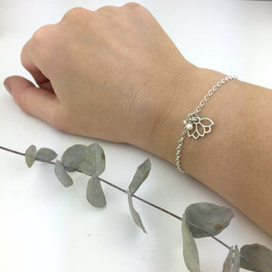 Delicate Pearl sterling silver bracelet June Birthstone with Lotus petal charm.