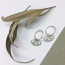 Diamond everyday sleeper hoops silver lotus earring, April birthstone.